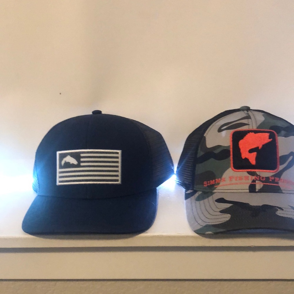 2 Simms Adjustable Trucker Hats.  Brand New.  Worn for photo shoot once